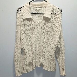 American Eagle Outfitters Cream V-Neck Crocheted Sweater Medium